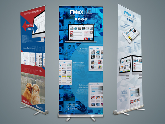 Along with direct mail, social and email marketing, a big part of breaking into the FinTech (Financial Technology) industry for FMeX is attending financial conferences to showcase the FMeX application in direct view of its intended audience, the Financial Advisor. Over the past few years, my team and I designed and developed targeted, and well thought out pull up banners and booth artwork to promote the FMeX product. Large scale designs designed in Illustrator, pull up banner sizes are 33” x 90”, and booth artwork (not shown) is 10’ x 10’.