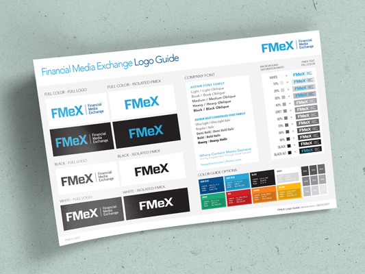 I created this 1 page logo and branding guide so that internal and external designers and users would be able to know how to use our logo and what company fonts and color pallet are designated for Financial Media Exchange. The layout and design was done in Illustrator. 