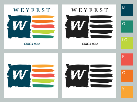 This is the eventual branding identity that was chosen for WeyFest Weymouth. The flag and colors are meant to bring a sense of fun, community and unity.